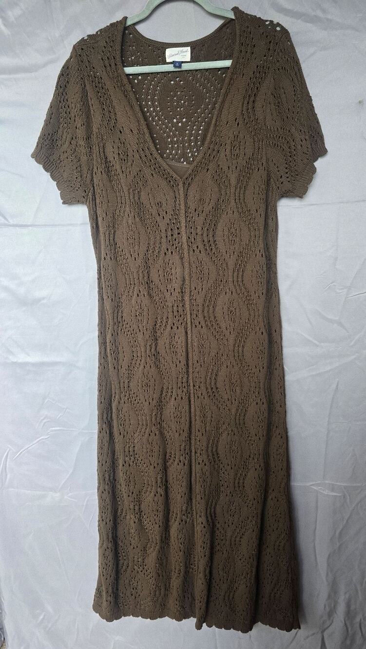 Universal Thread Sweater Dress Womens XL Brown V Neck Crochet Lined Short Sleeve